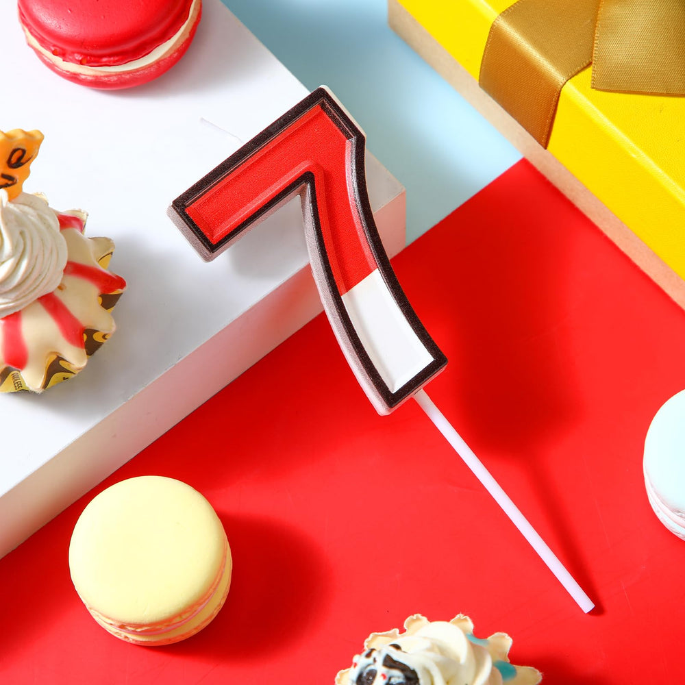 Conelist 7 numeral topper adds warm glow to cakes at celebrations.