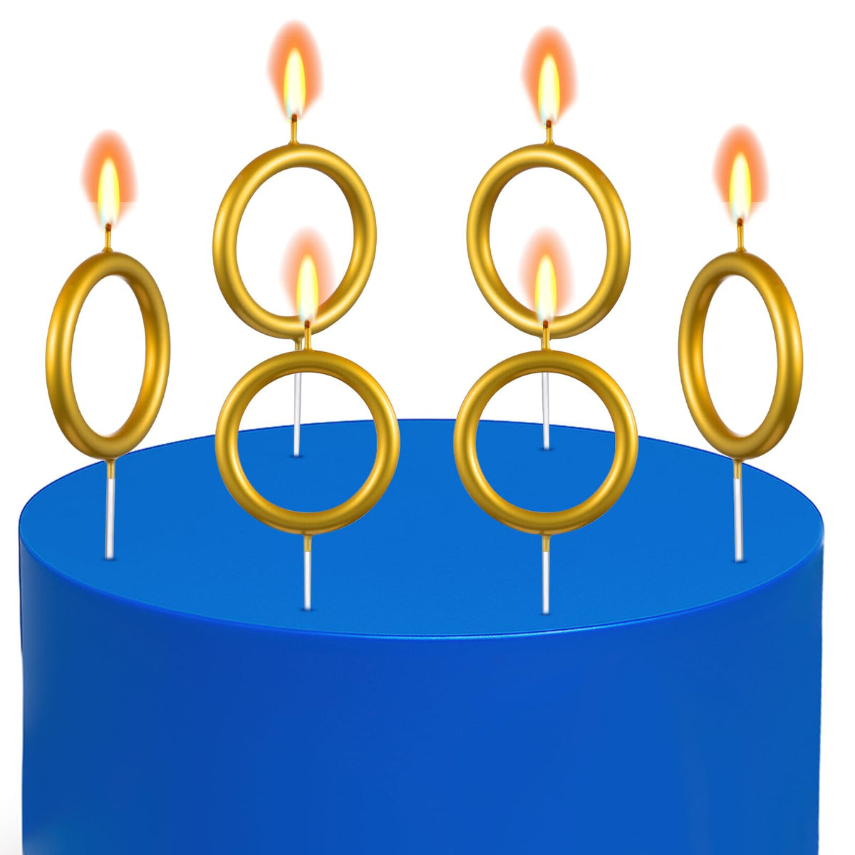 Conelist gold ring candle on cake for blue-theme party visuals.