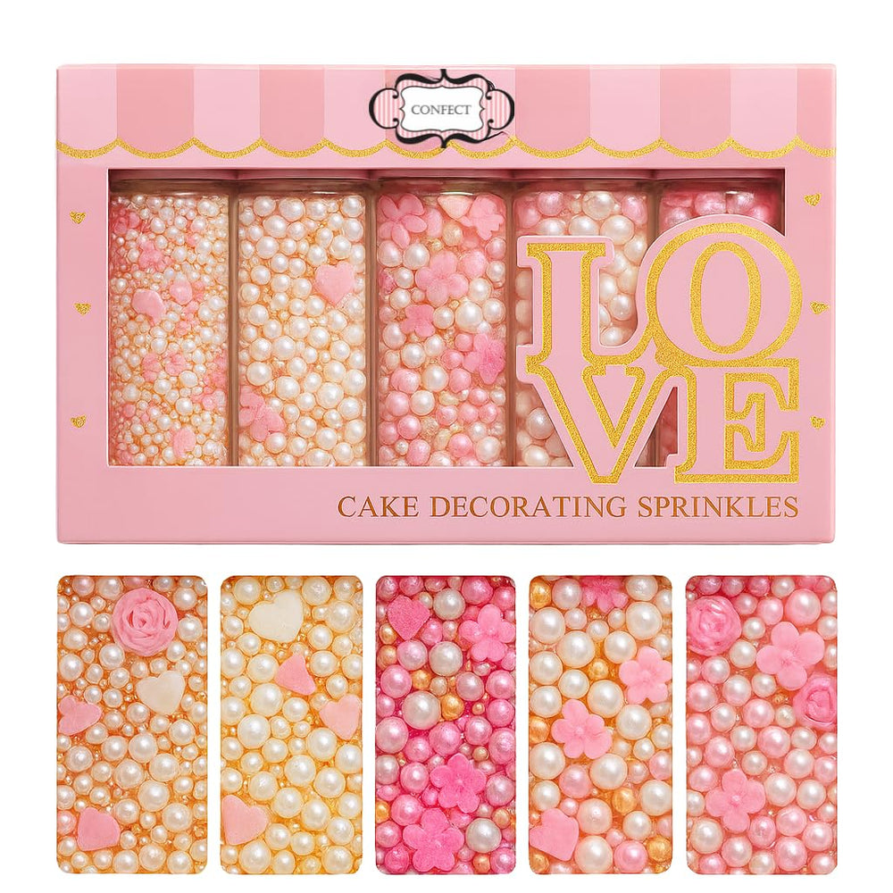 Confect pink mini roses with silver hearts and white pearls for elegant cake decoration