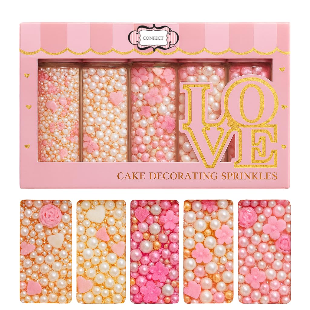 Confect pink mini roses with silver hearts and white pearls for elegant cake decoration