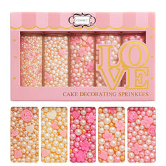 Confect pink mini roses with silver hearts and white pearls for elegant cake decoration