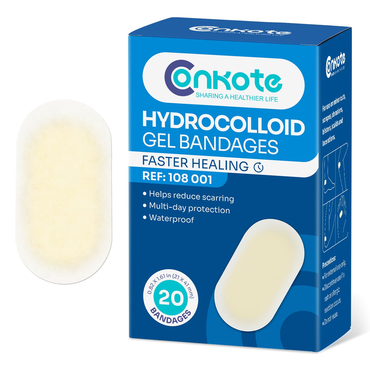 Conkote hydrocolloid bandages front-pack view; cushions and protects minor blisters.