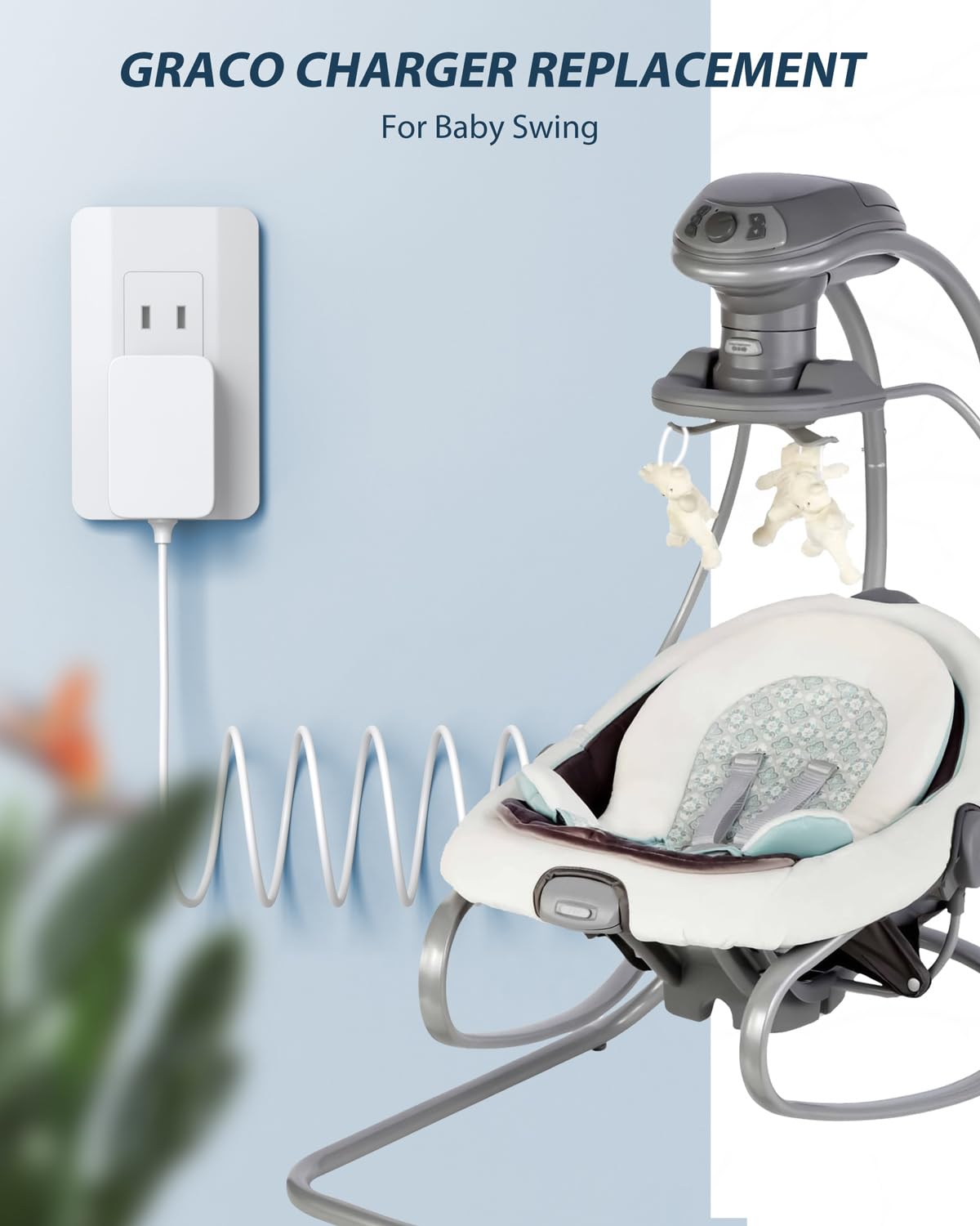 CONMDEX Graco swing in-use cord setup showing neat installation and plug-in connector