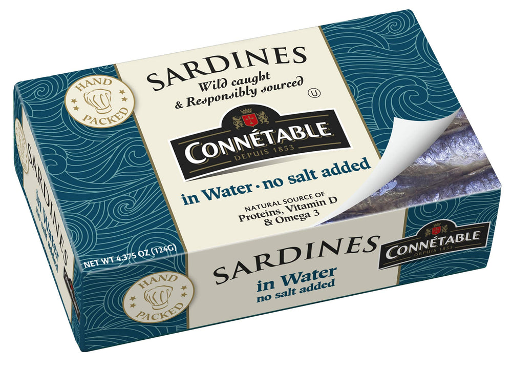 Connetable sardines in water can with no salt added, rich in omega-3s.