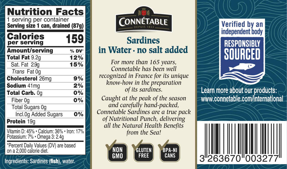 Connetable sardines in water can close-up, glossy fillets with omega-3 benefits.