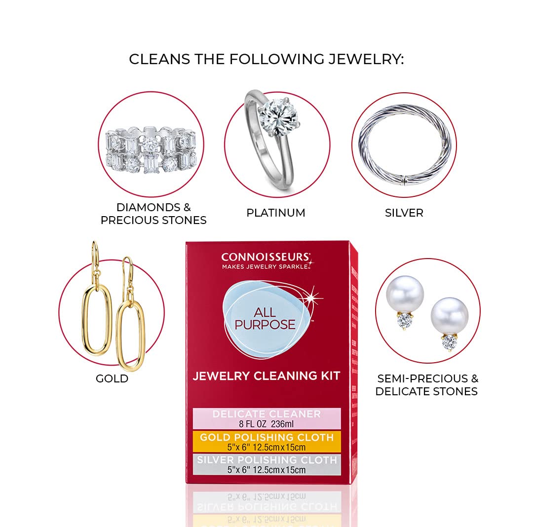 CONNOISSEURS Jewelry care setup showing cleaner and cloths in use