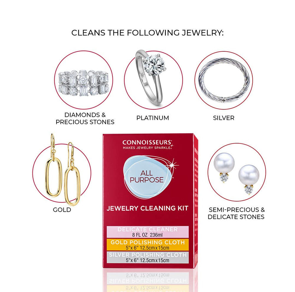 CONNOISSEURS Jewelry care setup showing cleaner and cloths in use