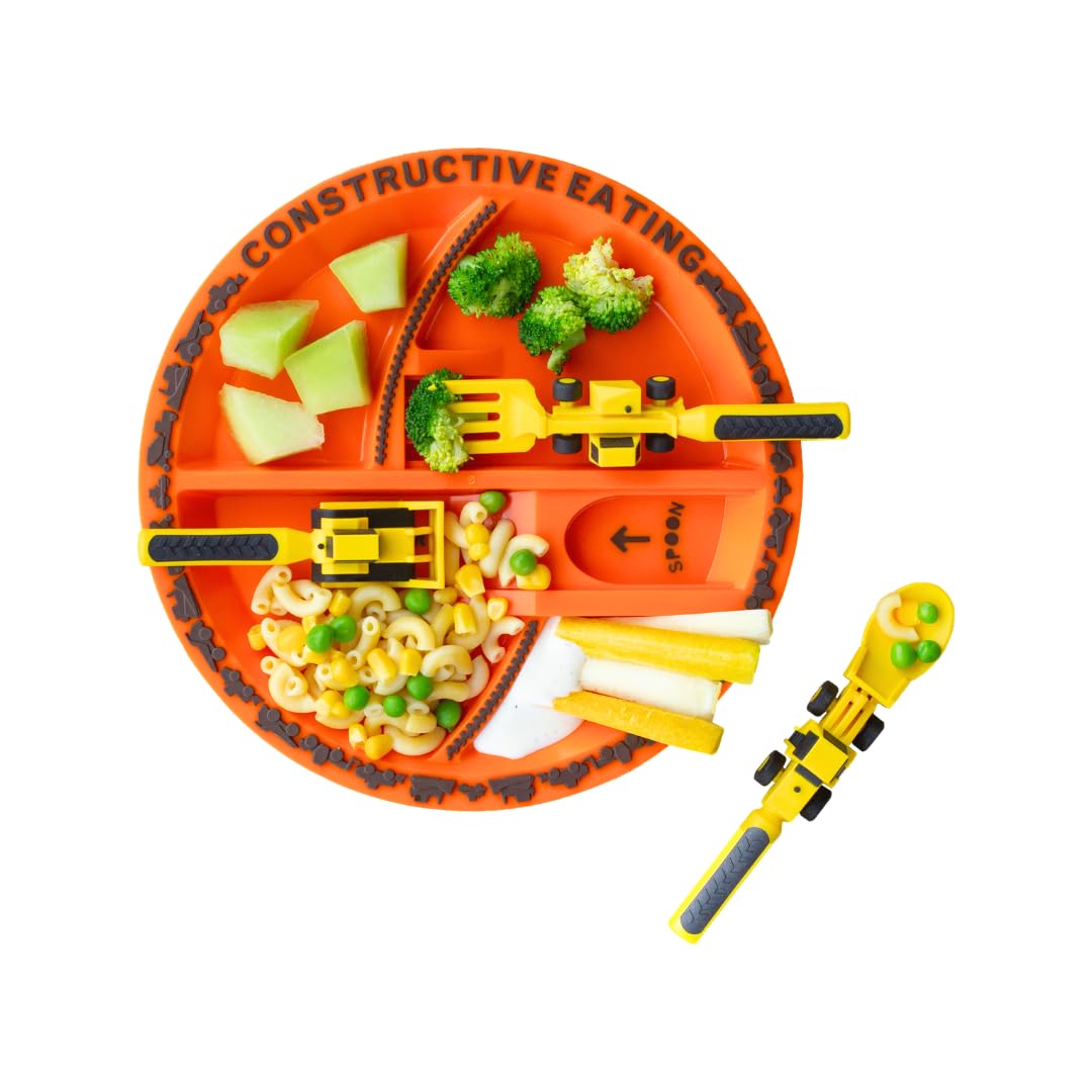 Constructive Eating toddler utensils set enabling independent eating and fine motor practice.