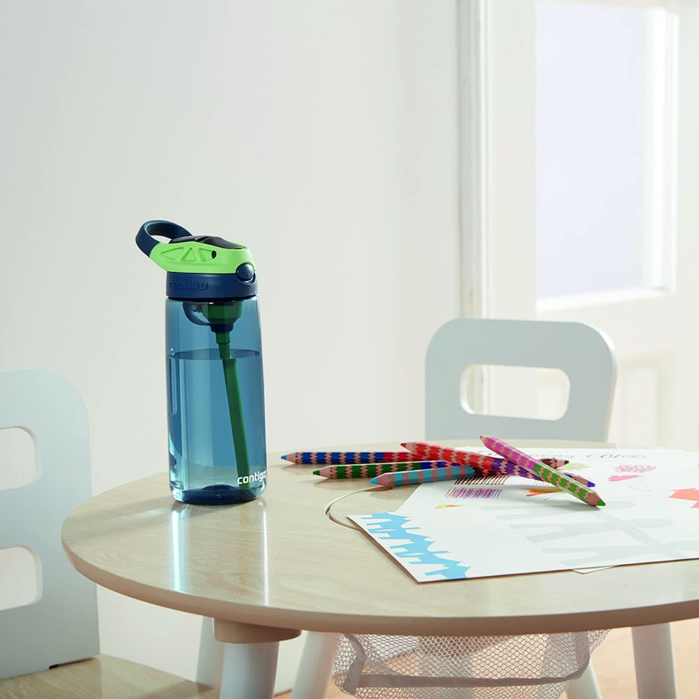Contigo Kids AUTOSPOUT lid open demonstrating one-handed drinking for kids on the go.