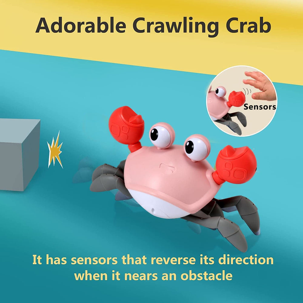 Control Future pink crawling crab demonstrates dynamic movement during tummy time