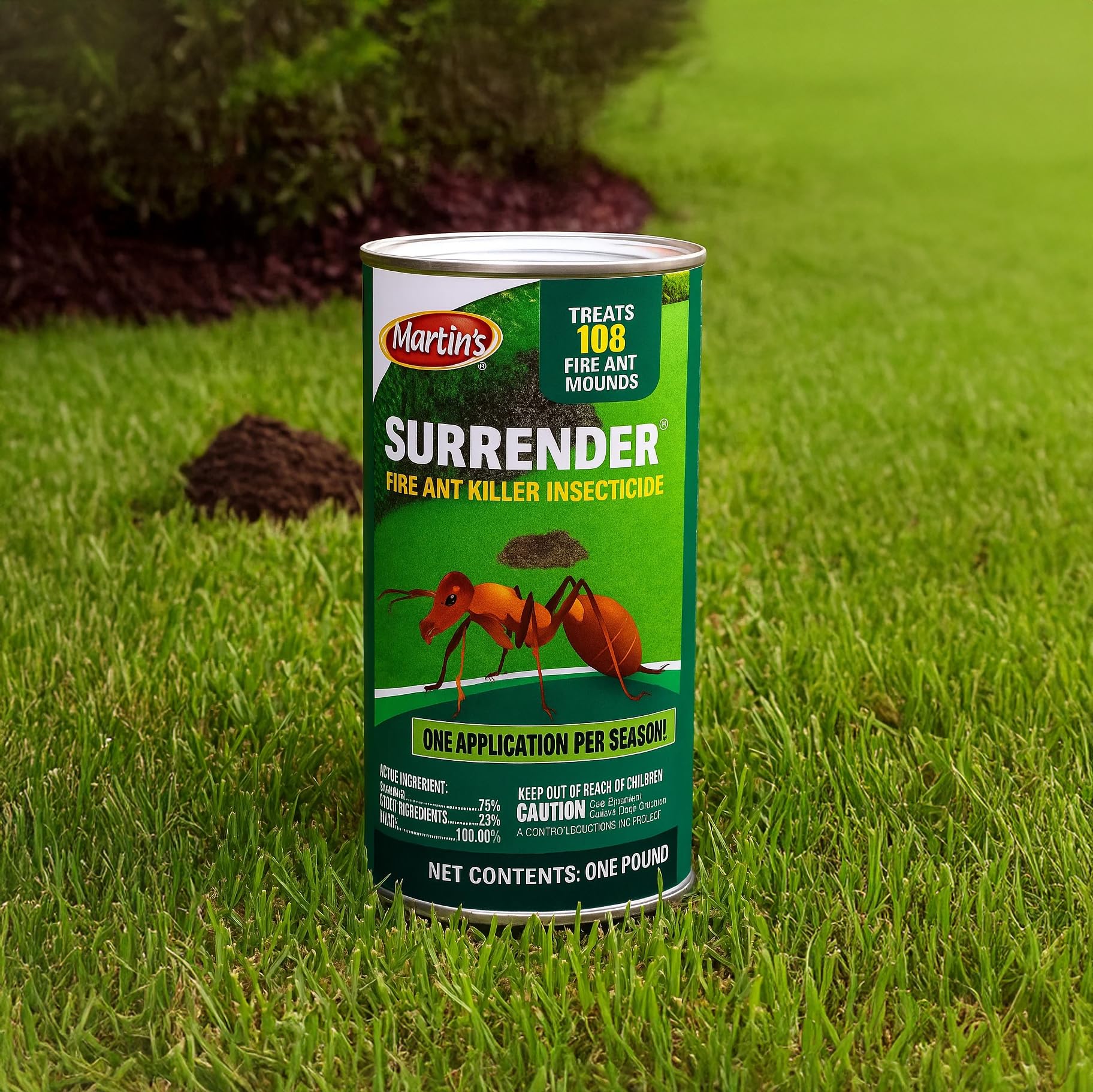 Control Solutions Surrender Fire Ant Killer bottle label shows ingredients and usage.