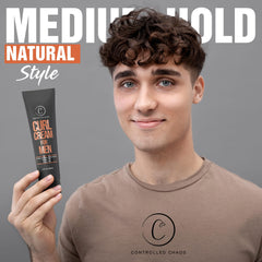 Controlled Chaos Curl Cream in hands for on-the-go styling.