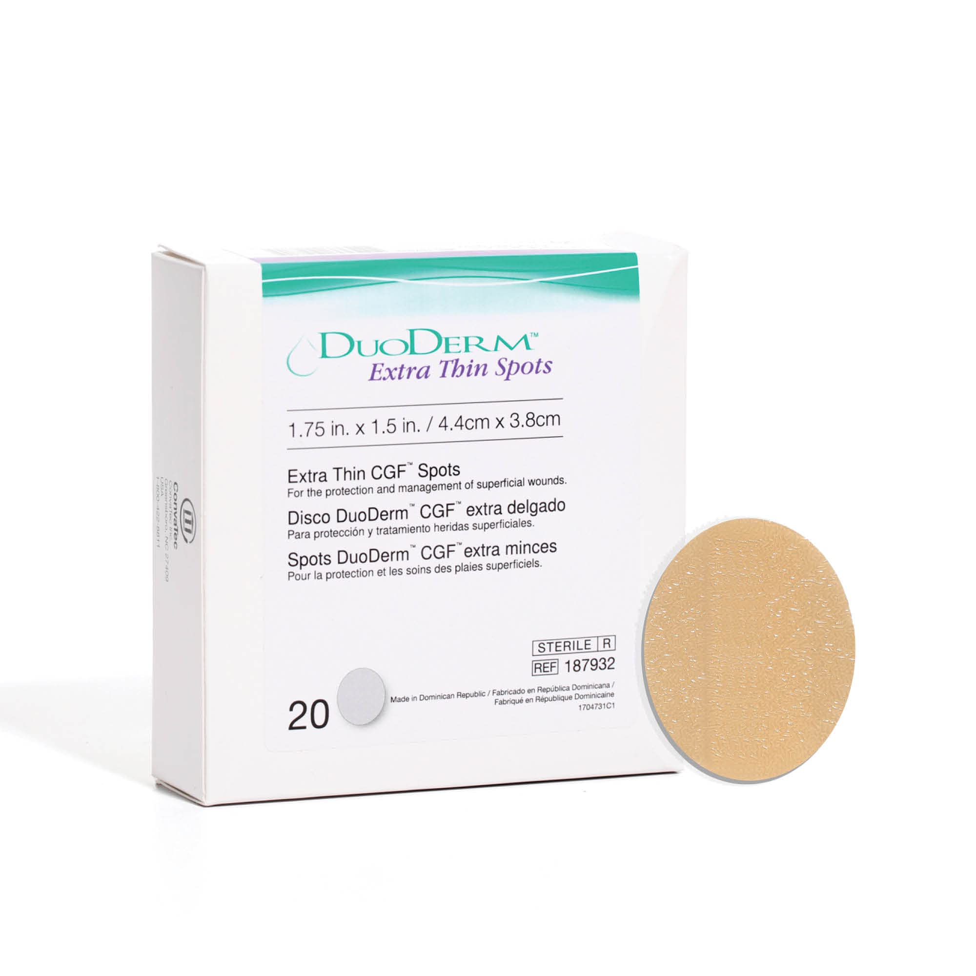 ConvaTec DuoDERM extra-thin spot dressing on skin, for small wounds with gentle removal