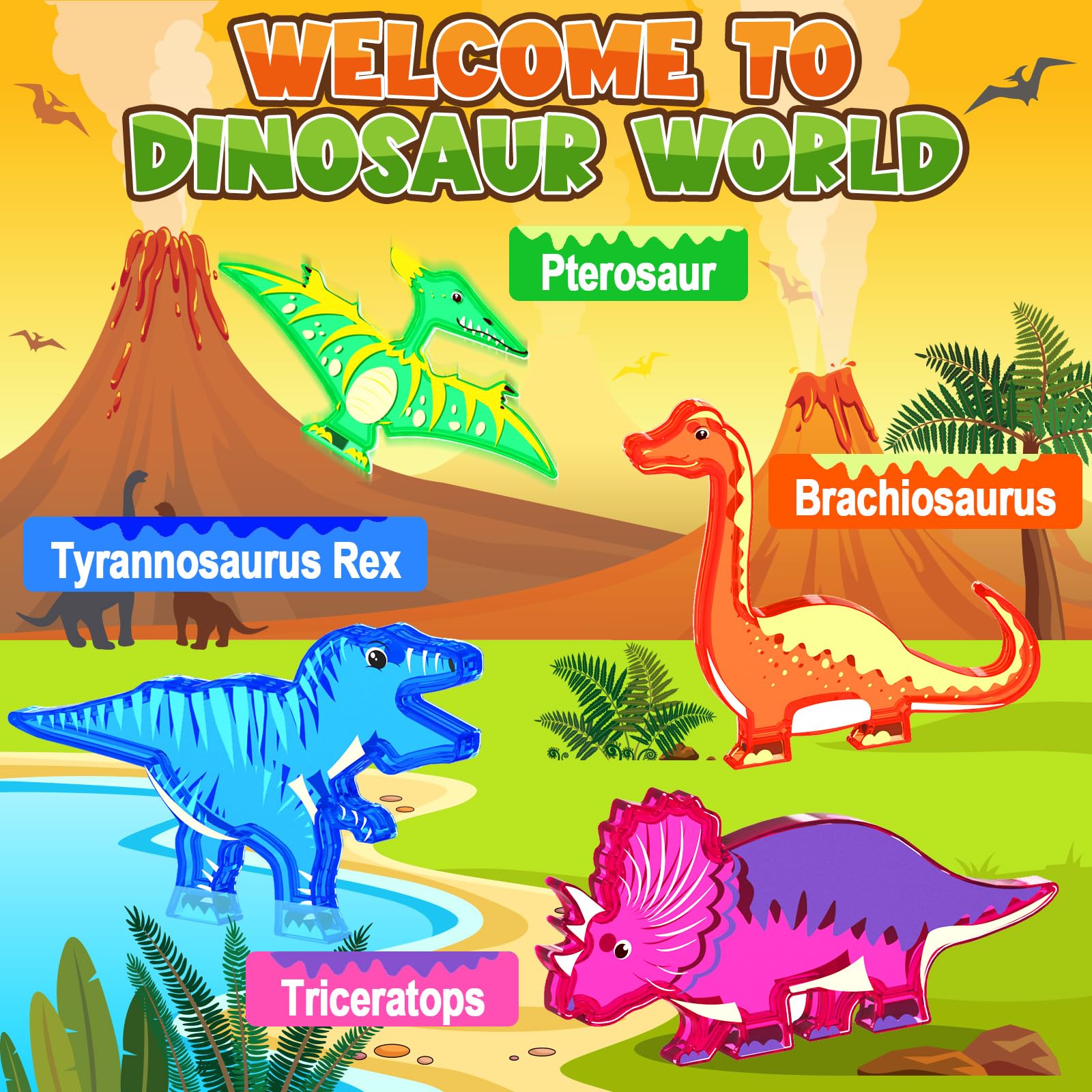 Coodoo dinosaur tiles create lake and landscape scenes for creative builds.