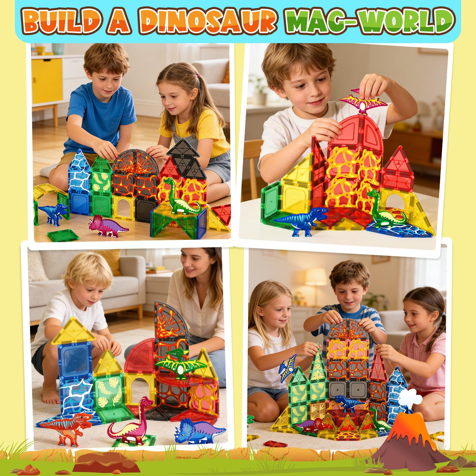 Coodoo magnetic tiles with volcano scene boost fine motor skills through stacking.