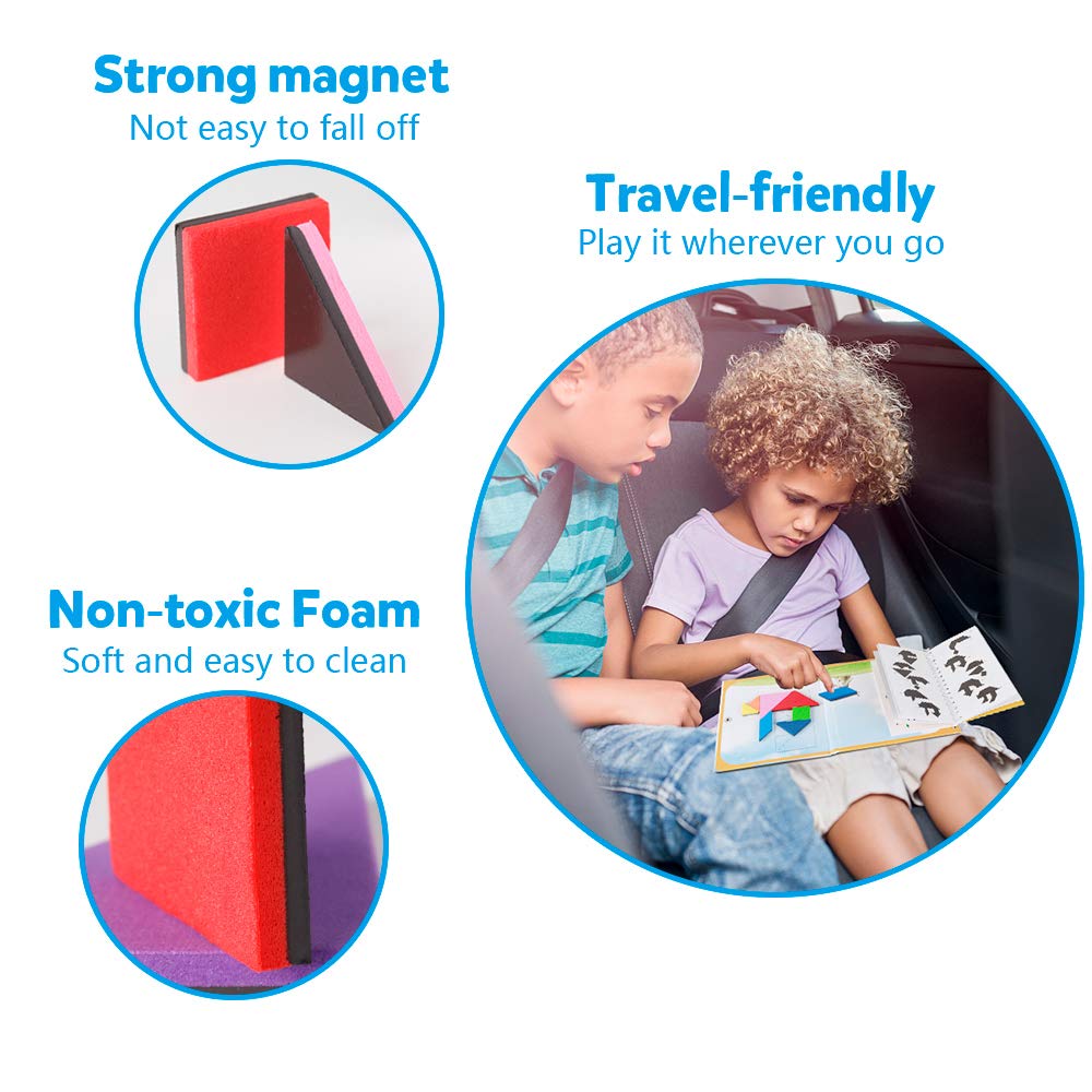 Coogam Travel Tangram pattern book open to colorful challenges and patterns
