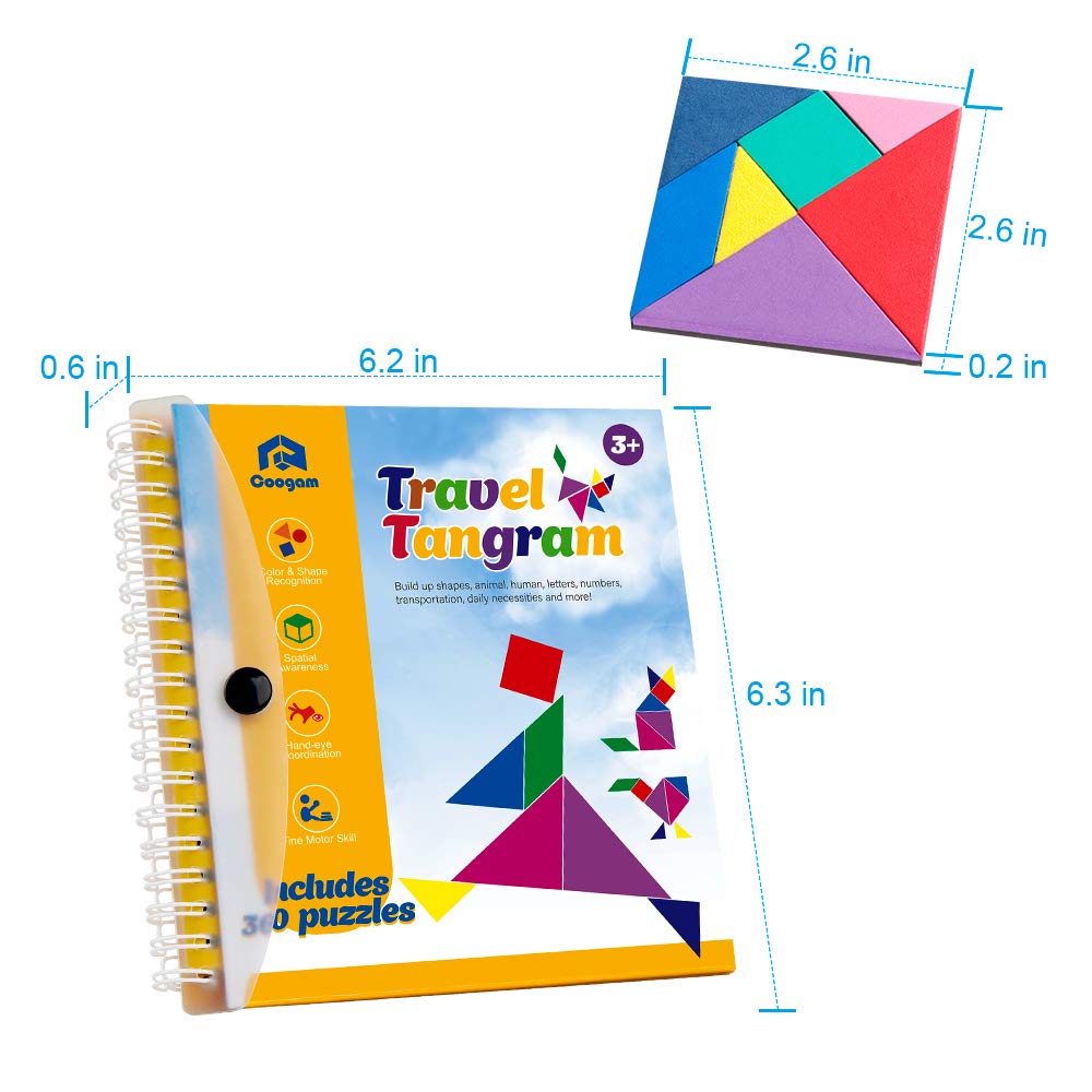 Coogam Travel Tangram solution guide image with 360 pattern solutions