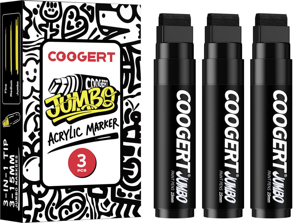 Coogert 3Pcs black jumbo poster markers with 15mm cap for bold, quick-drying lines.