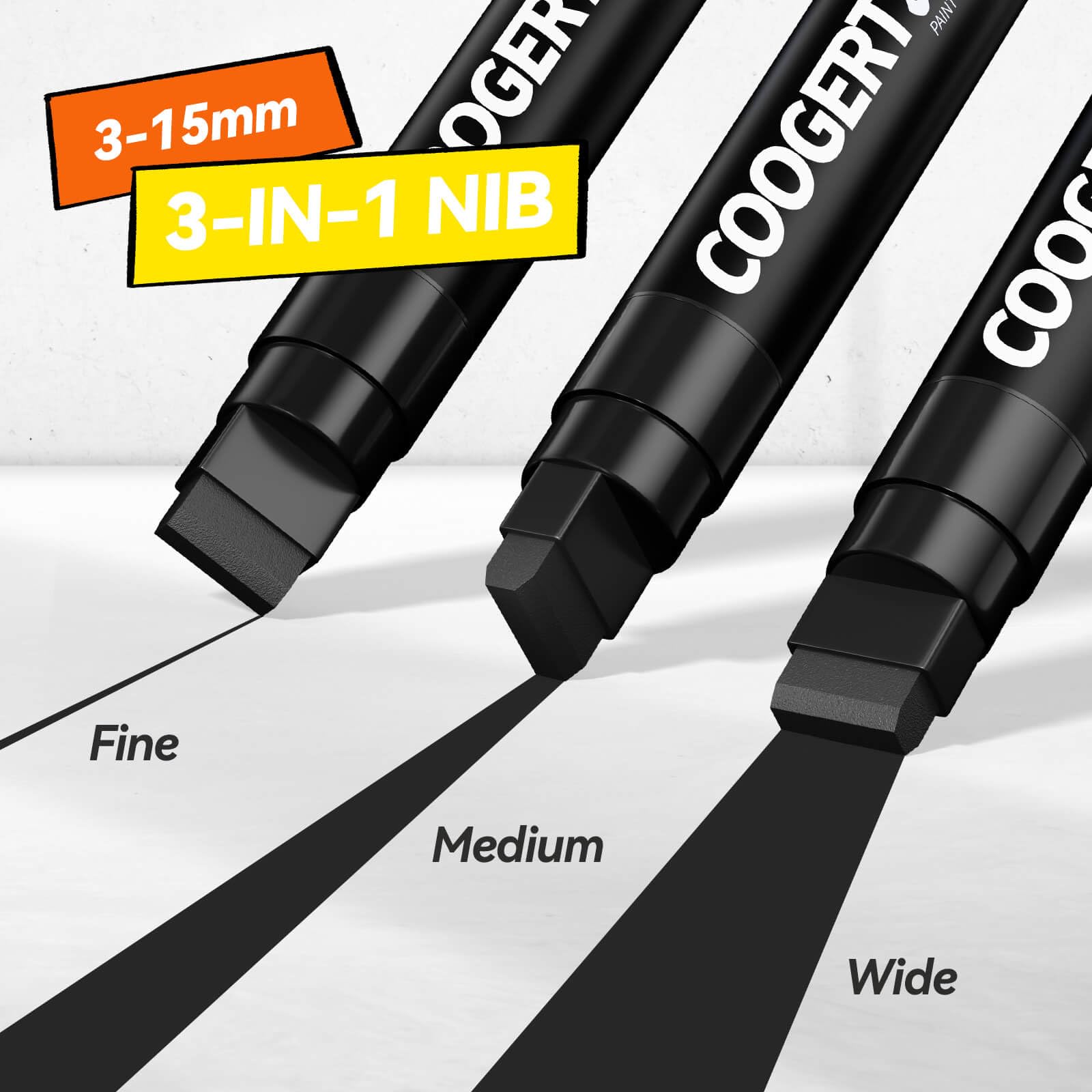 Coogert jumbo markers shown with wide 15mm tip for broad strokes on surfaces.
