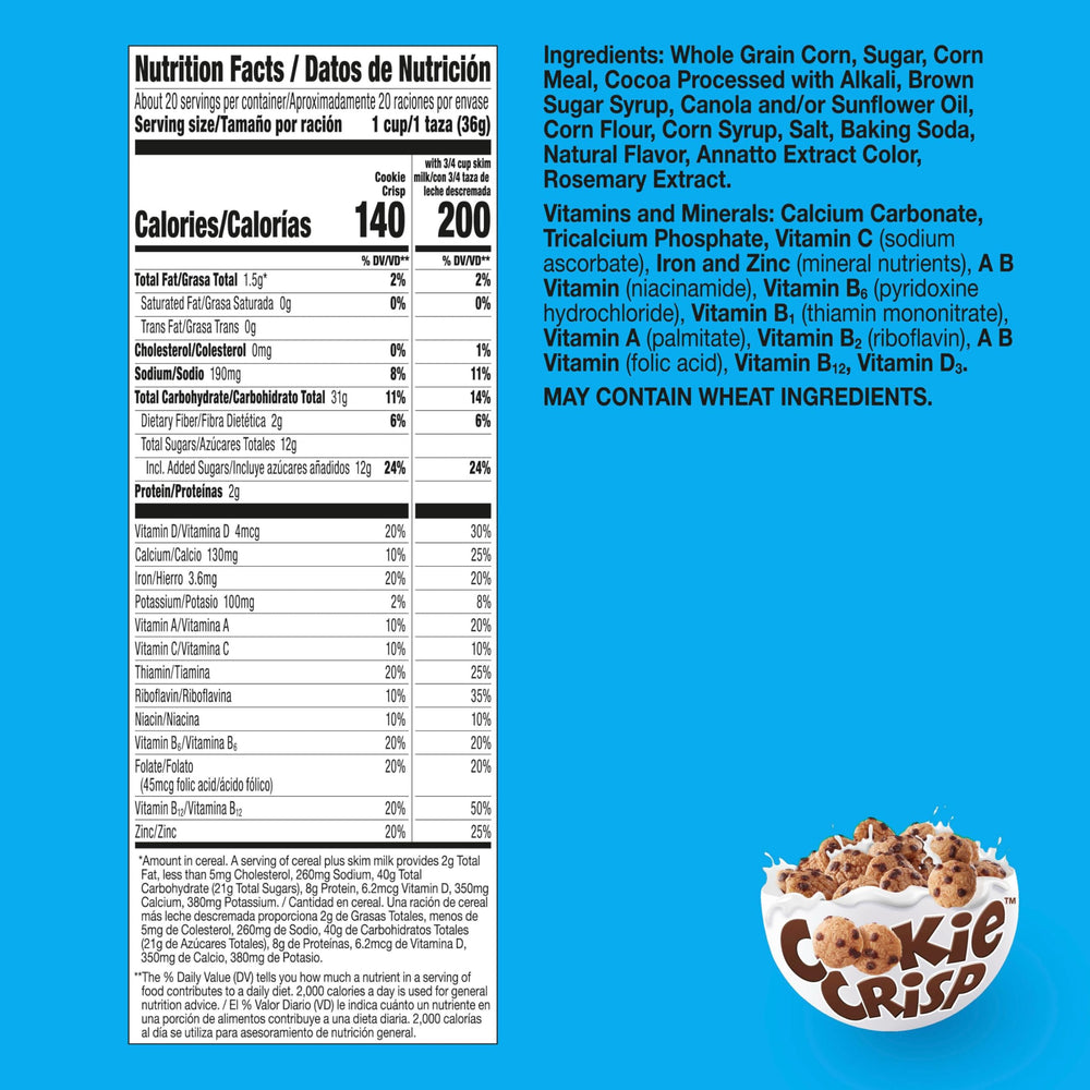 Cookie Crisp bowl with milk highlighting ready-to-eat cereal experience.