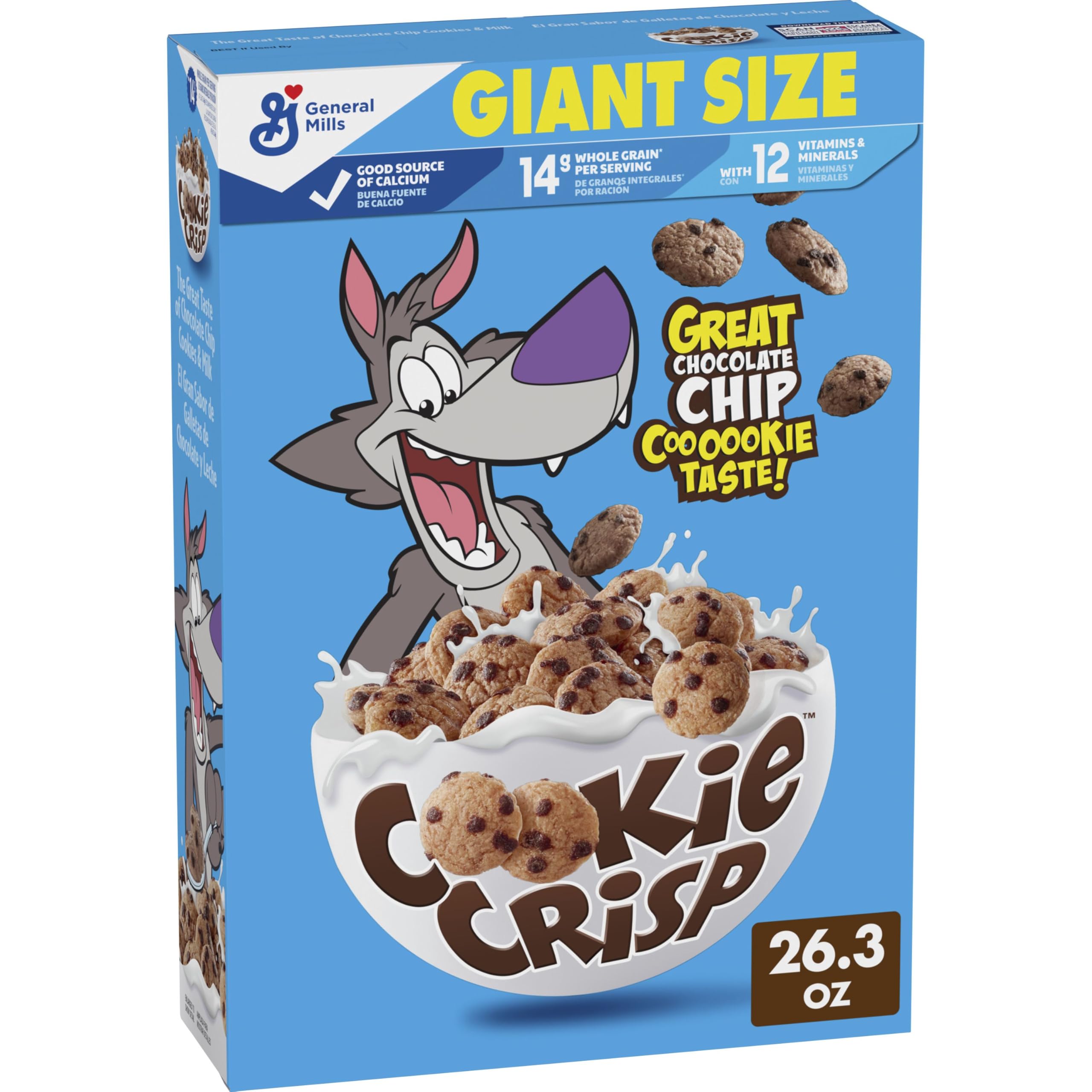 Cookie Crisp giant-size box shown for convenient family breakfast.
