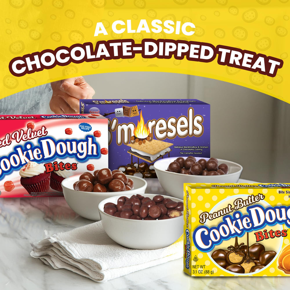 Cookie Dough Bites for movie night in theater-style packaging invites easy group snacking.