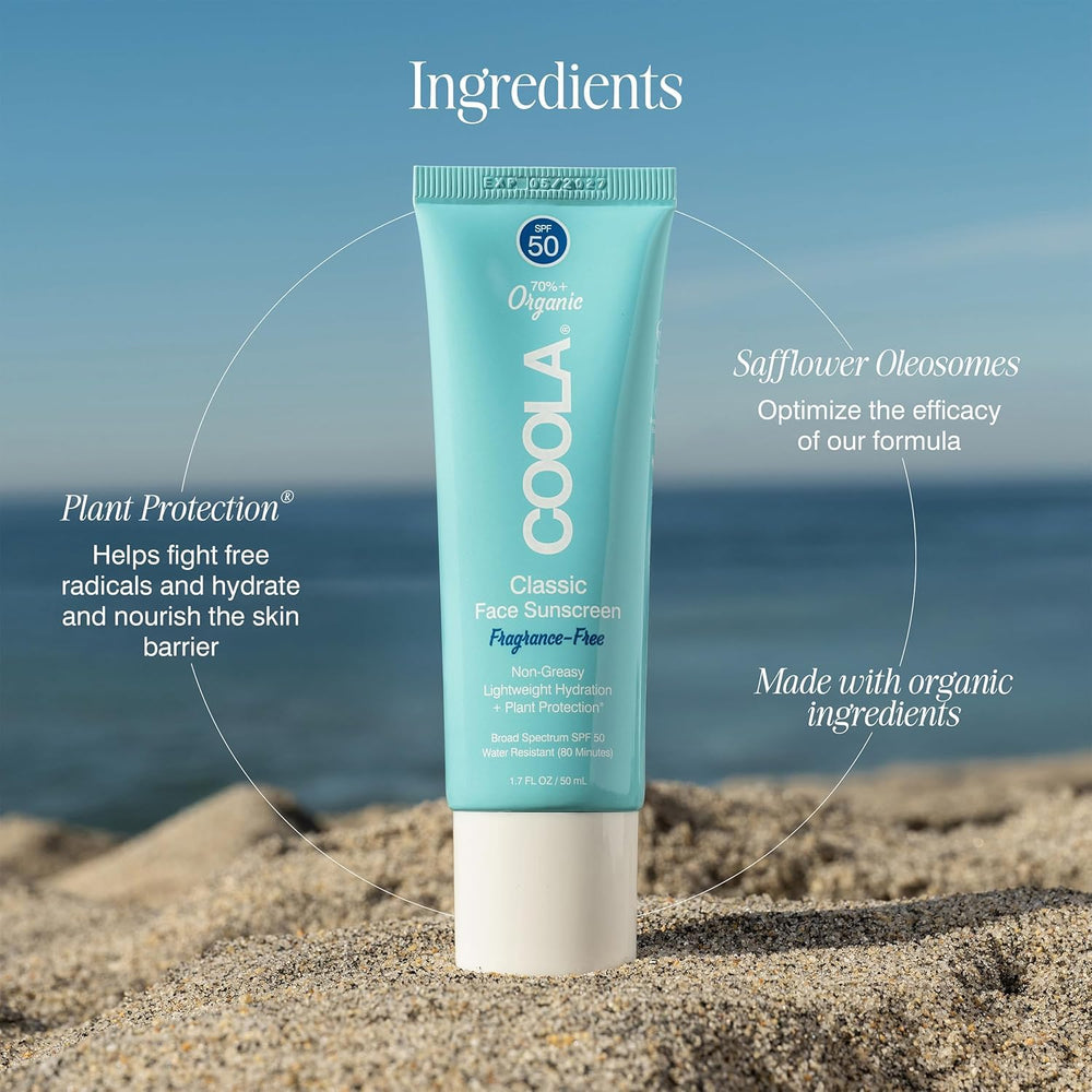 COOLA antioxidant-rich plant protection ingredients visible on product label