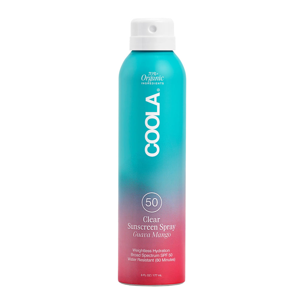 COOLA guava mango sunscreen spray bottle for daily sun protection.