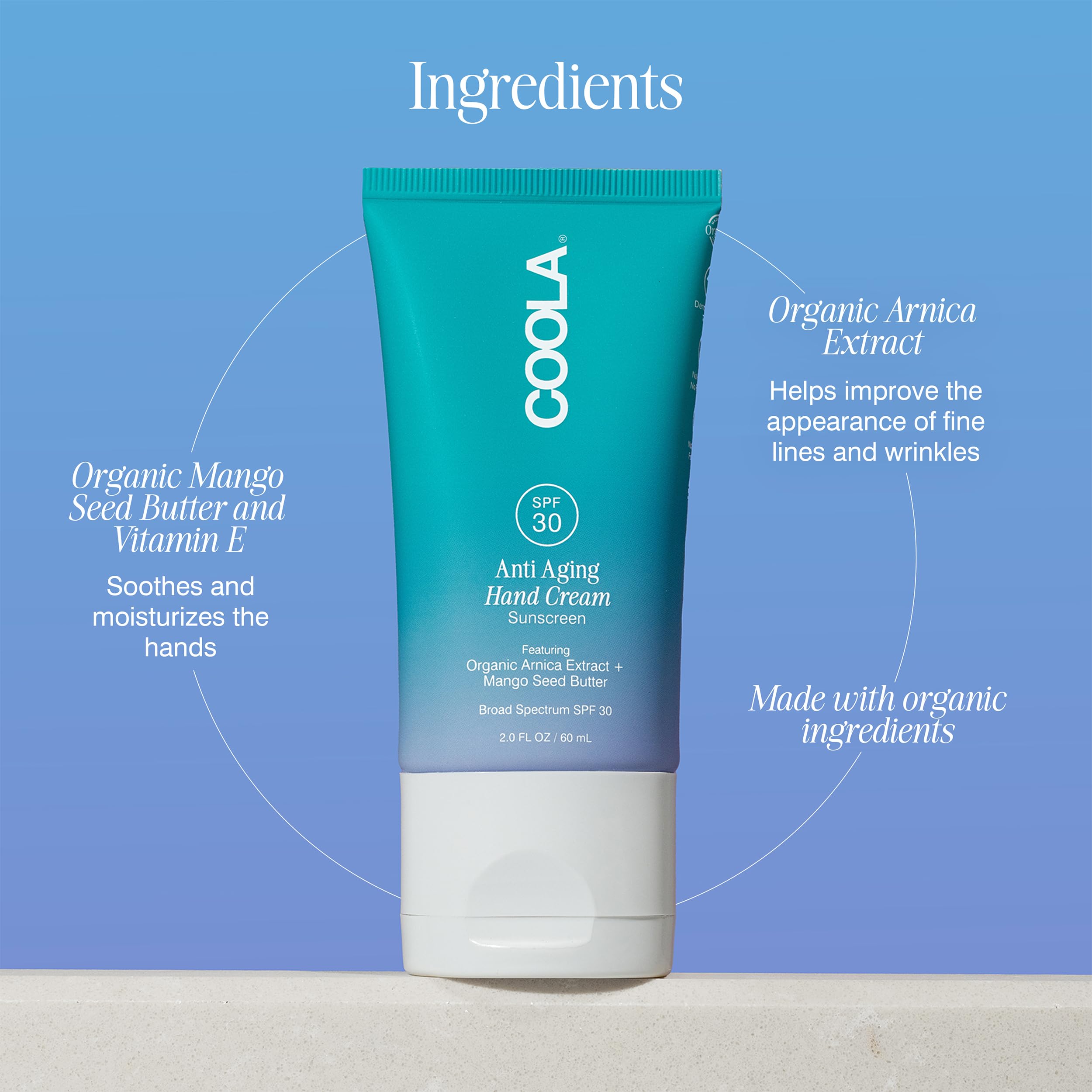 COOLA organic arnica and mango seed butter ingredients display