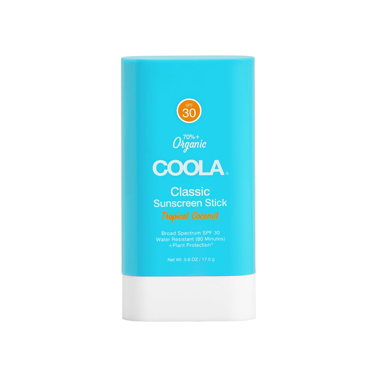 COOLA Organic Face Sunscreen SPF 30 stick with tropical coconut scent protects outdoors.