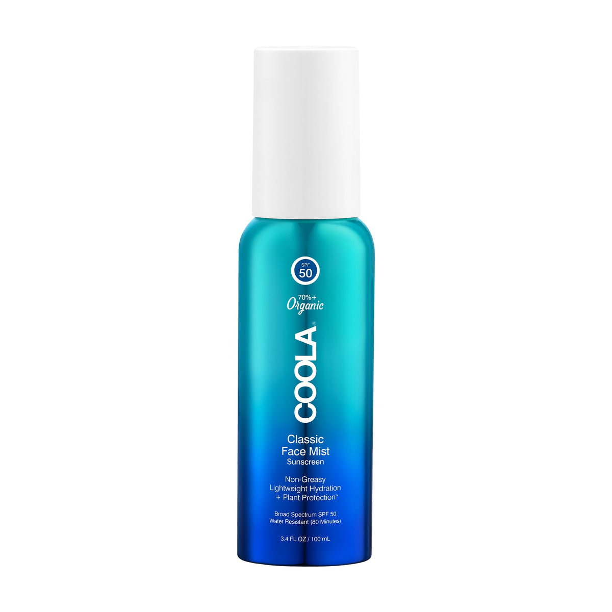 COOLA Organic SPF 50 Face Mist bottle front for daily sun protection.