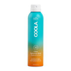 COOLA organic SPF 30 spray bottle shows quick, even coverage with a light feel