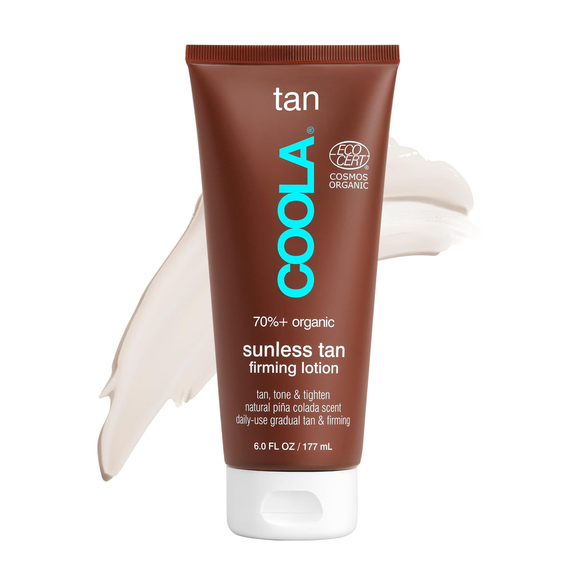 COOLA pina colada self-tanner bottle highlights an organic, gradual tan.