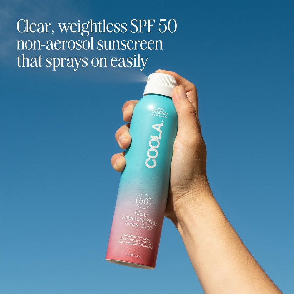 COOLA SPF50 water-resistant spray showing 80-minute protection.