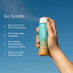 COOLA sunscreen spray being dispensed for quick, lightweight UV coverage.