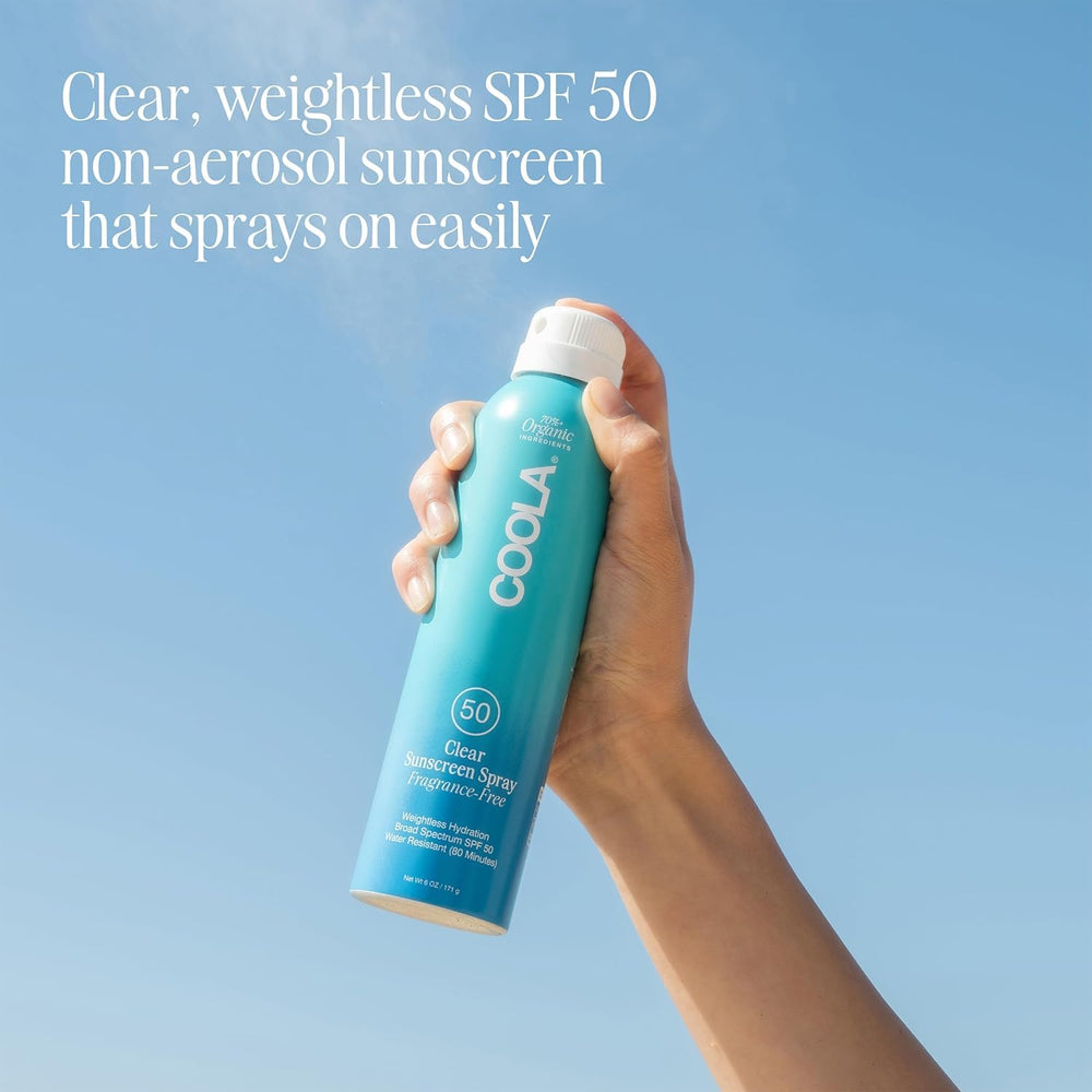 Close-up of COOLA SPF 50 spray showing 80-minute water resistance.