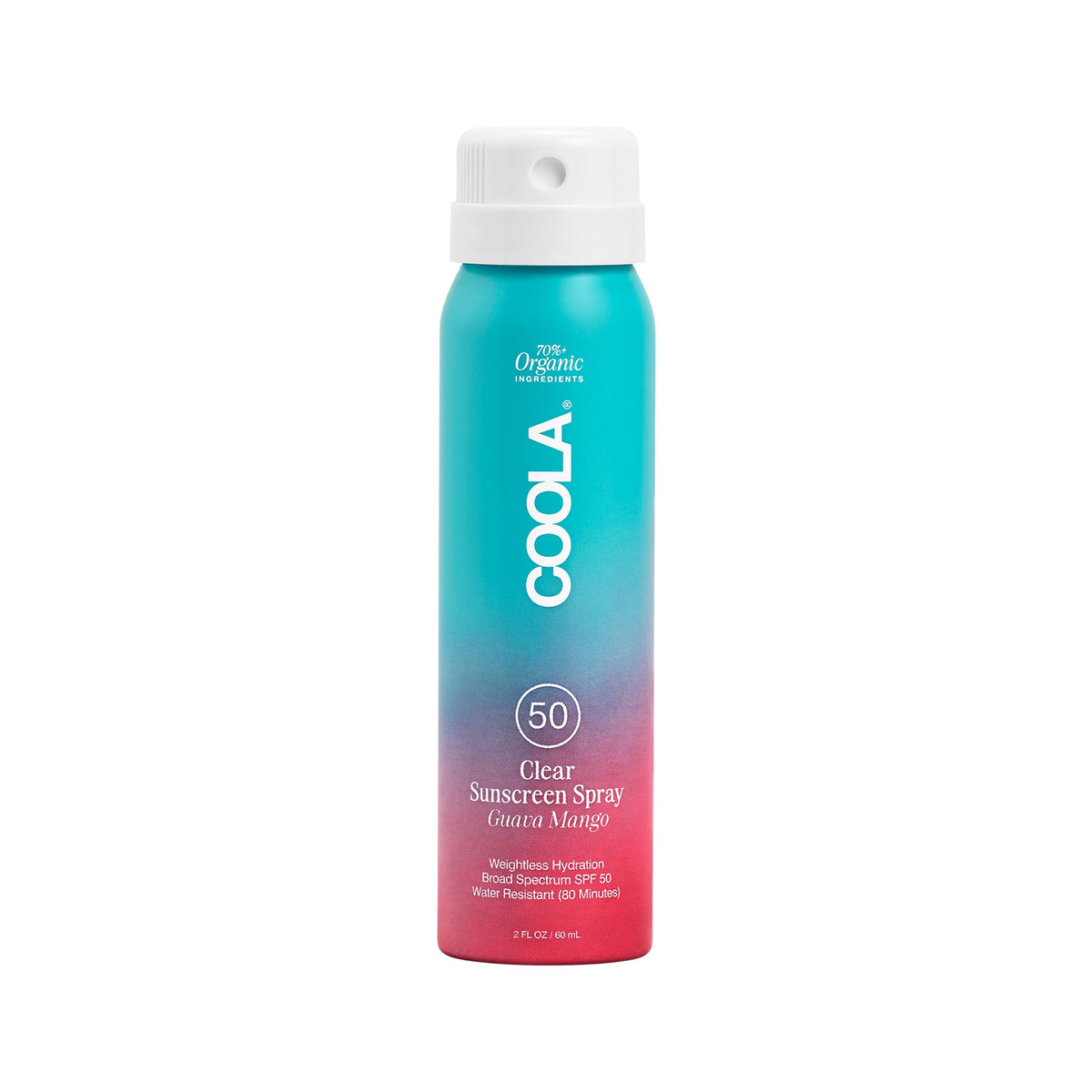 COOLA SPF 50 sunscreen spray bottle shows easy upside-down misting for full-body coverage