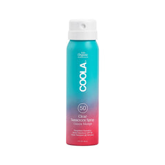 COOLA SPF 50 sunscreen spray bottle shows easy upside-down misting for full-body coverage