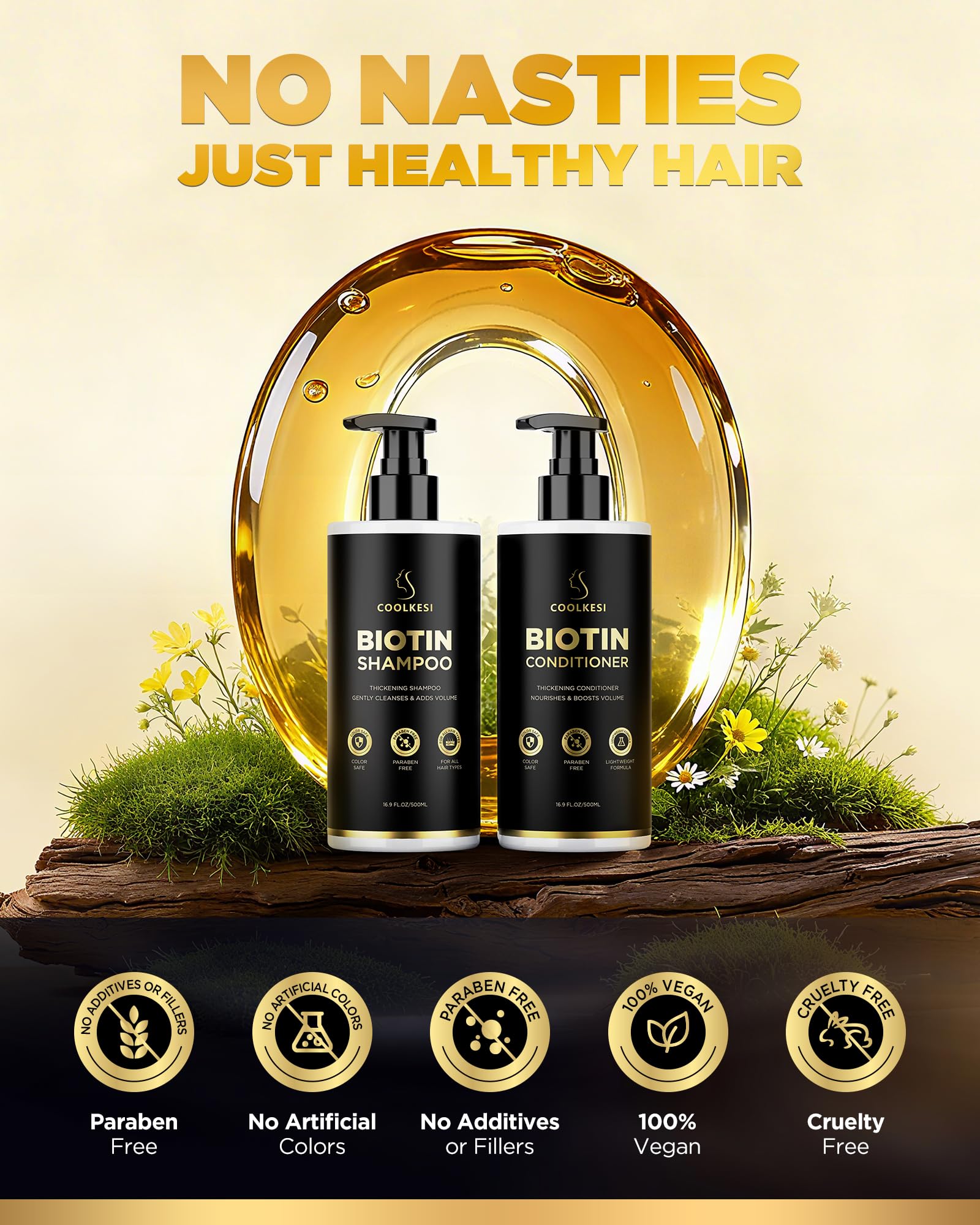 COOLKESI Hair Care Set close-up shows soft shine on healthy-looking strands.