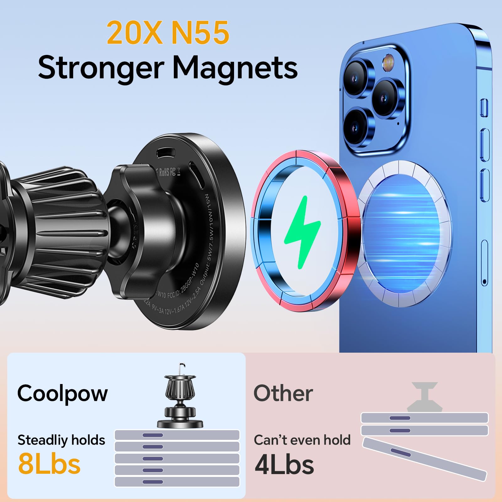 Coolpow MagSafe car mount features 360° joint for portrait or landscape orientation.