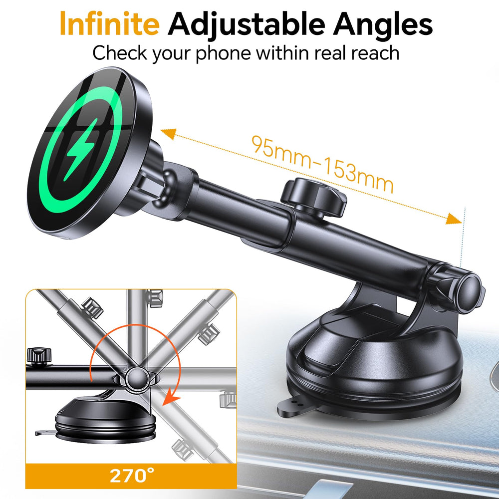 Coolpow MagSafe car mount fits dash surfaces for versatile placement in any car.