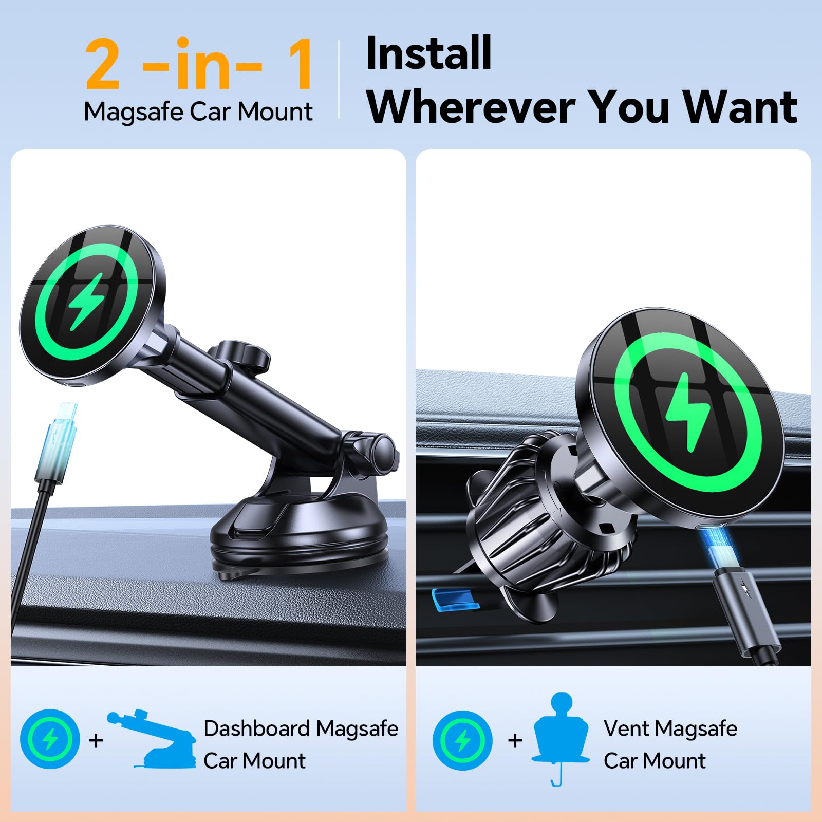 Coolpow MagSafe car mount demonstrates fast charging up to 15W when aligned for efficiency.
