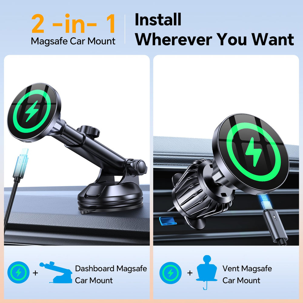 Coolpow MagSafe car mount demonstrates fast charging up to 15W when aligned for efficiency.