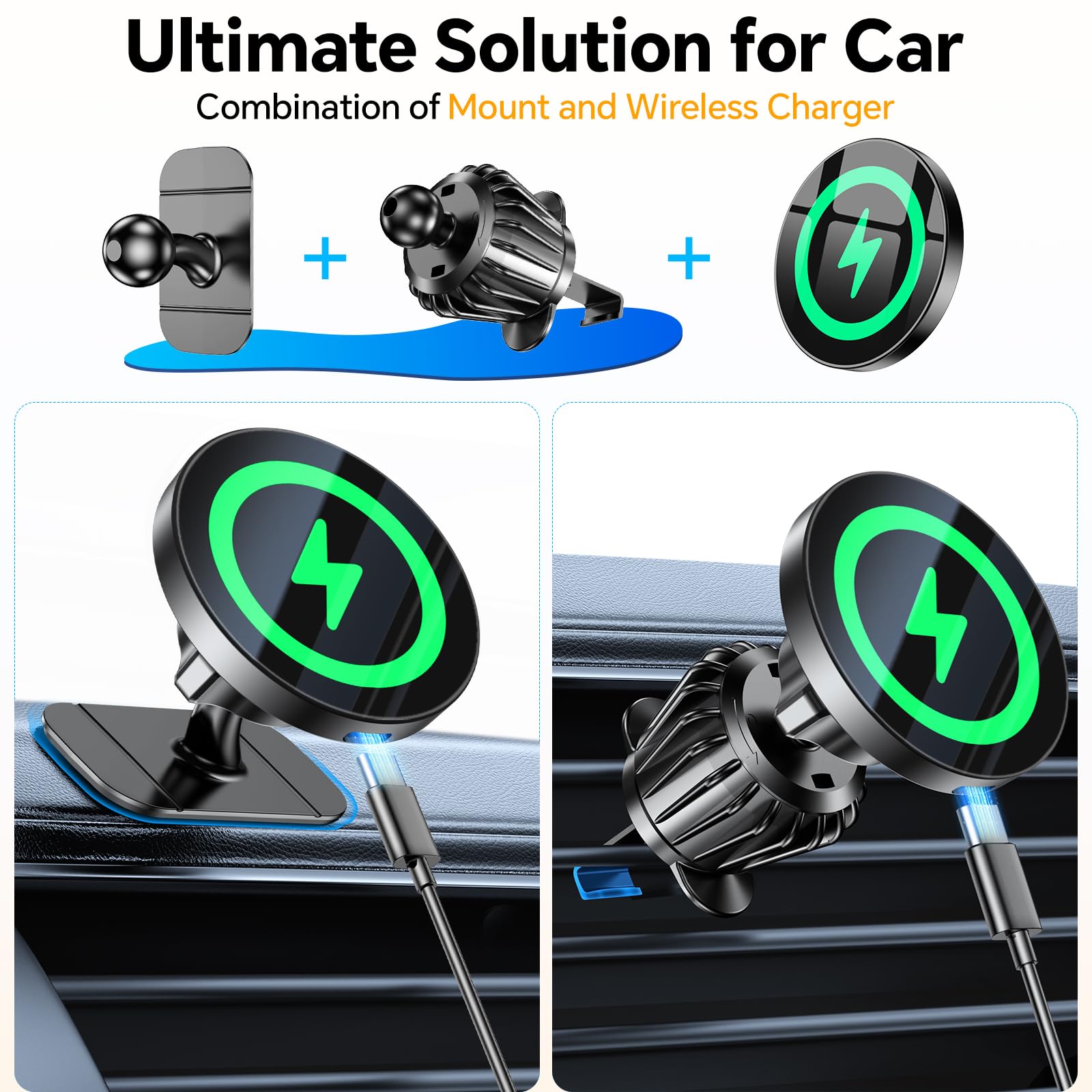 Coolpow MagSafe car mount with metal hook grips car vent for sturdy hands-free use.