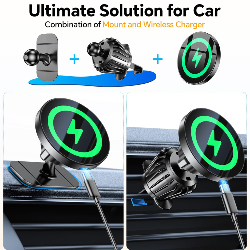 Coolpow MagSafe car mount with metal hook grips car vent for sturdy hands-free use.