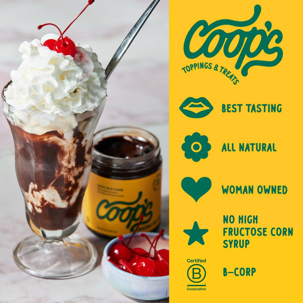 Coop's hot fudge label highlights gluten-free and non-GMO ingredients.