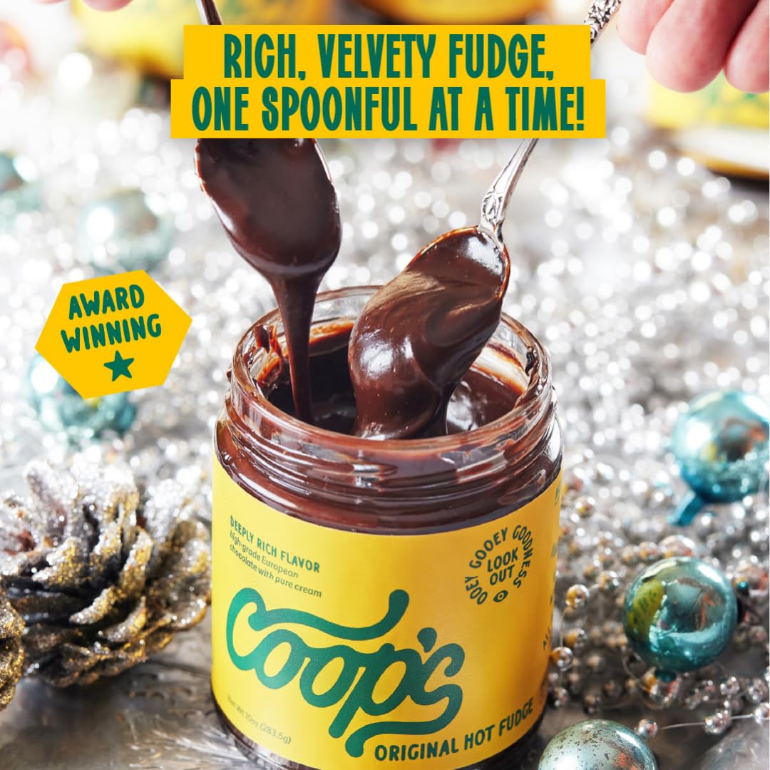 Pouring Coop's hot fudge over dessert to create a glossy finish.