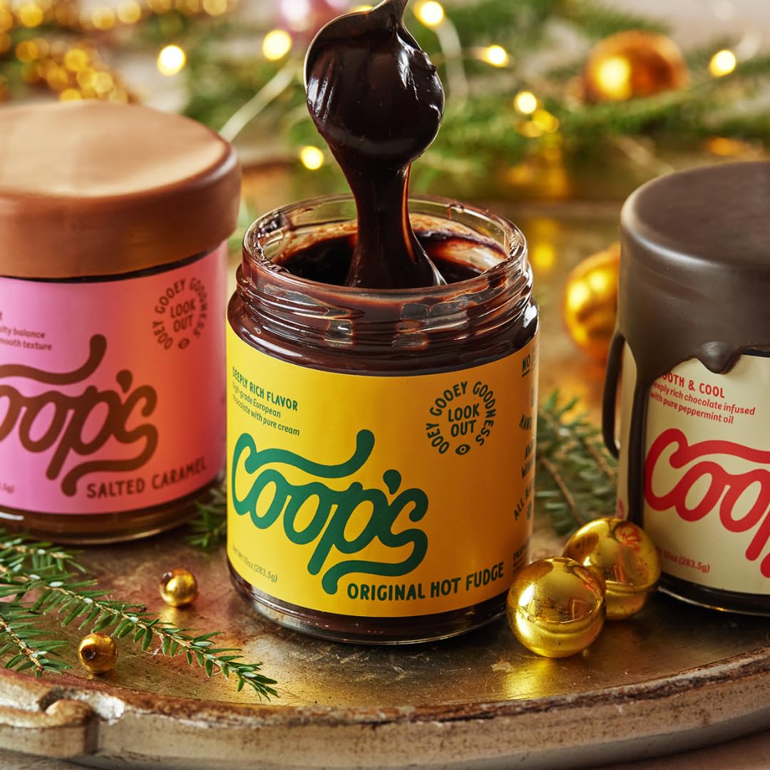 Coop's hot fudge close-up showing velvety texture, a luscious dessert topping.