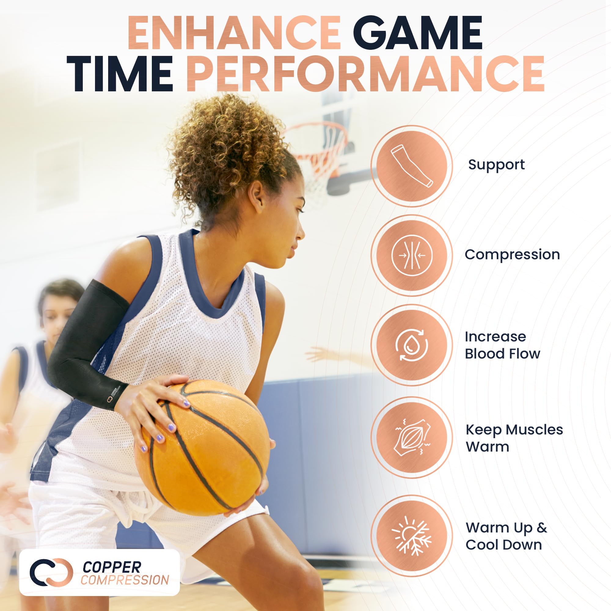 Copper Compression Arm Sleeve supports biceps and triceps with four-way stretch for flexible motion.