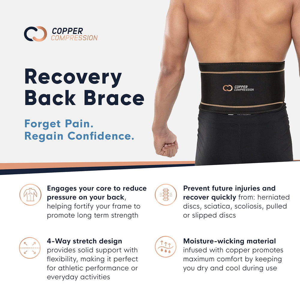 Copper Compression Back Brace aids post-surgery recovery with gentle compression and stability.